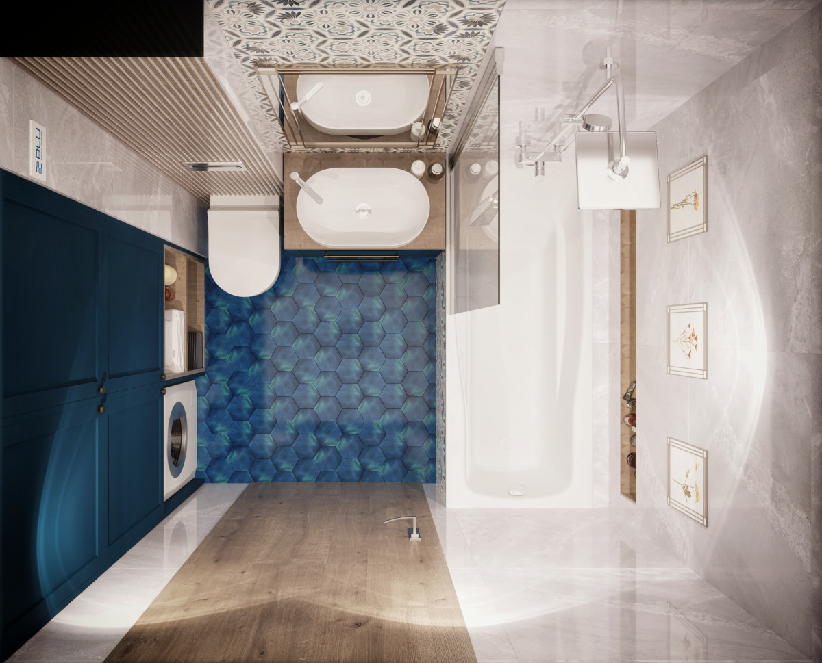 Niebieska łazienka z heksagonalnymi płytkami.